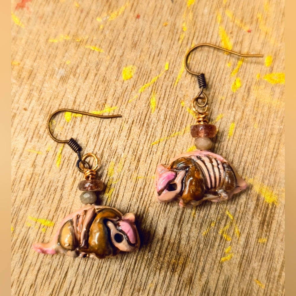 Handcrafted Rustic Pink Armadillo Handpainted In Clay Copper Drop Earrings